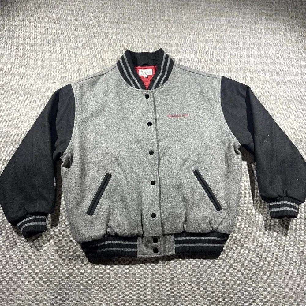 American‎ Girl Jacket Girls L Gray Black Varsity Letterman Snap Front Star Logo